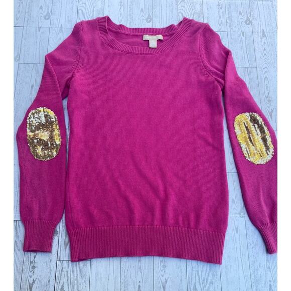 Banana Republic XS Pink Sweater Gold Sequin Elbow Patches Wool Blend Pullover - Picture 1 of 6